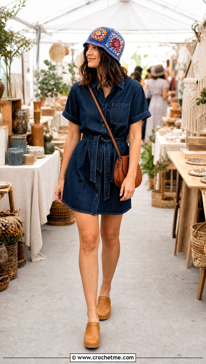 Crochet Mini Granny Square Hat With Denim Dress - 35 Crochet Mini Hat outfit ideas