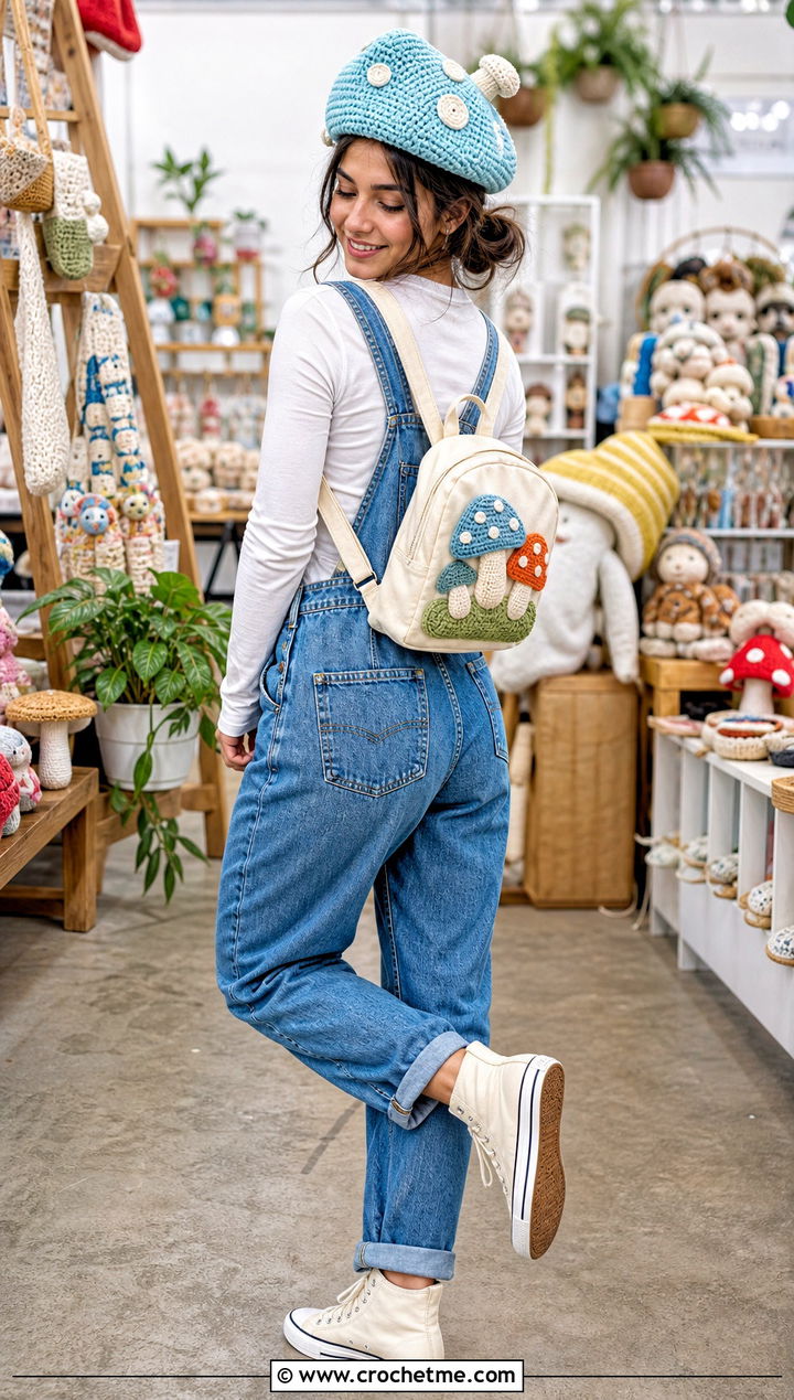 Crochet Mini Mushroom Hat With Overalls - 35 Crochet Mini Hat outfit ideas