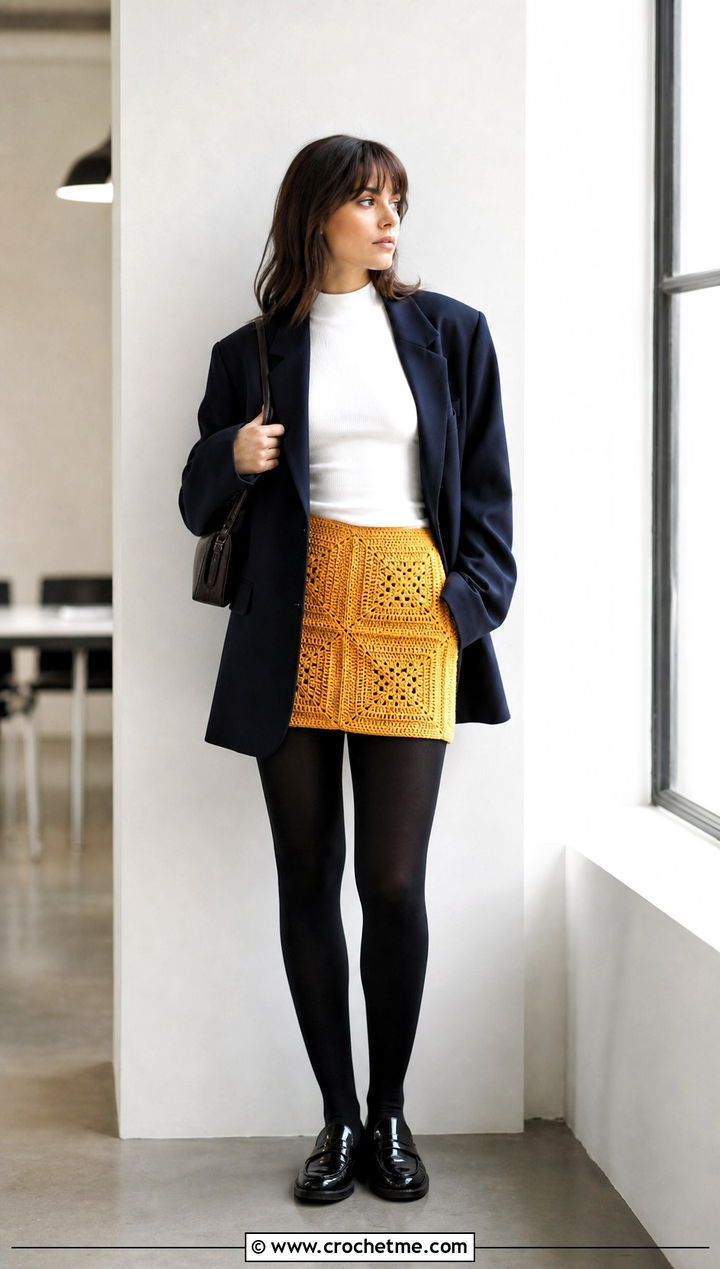 Crochet Mini Skirt With Oversized Blazer - 30 unique crochet clothes and outfit ideas