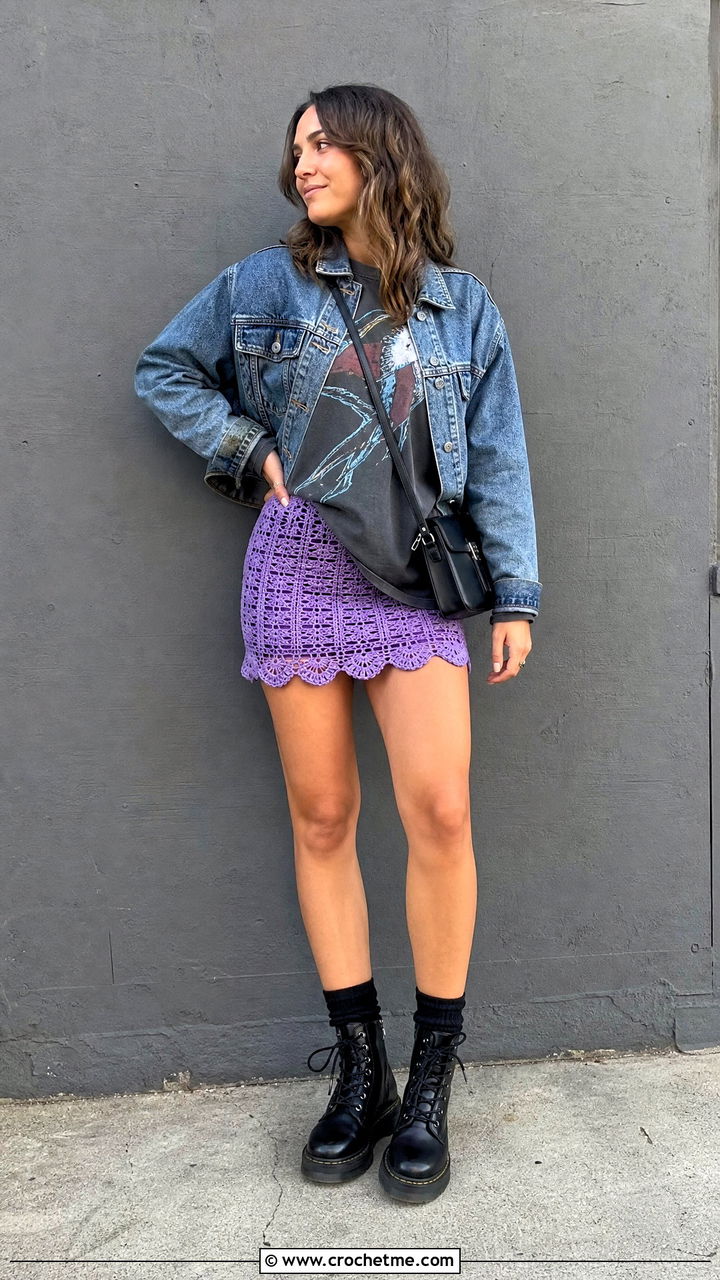 Crochet Mini Skirt With Oversized Graphic Tee - 35 boho crochet clothes and outfit ideas
