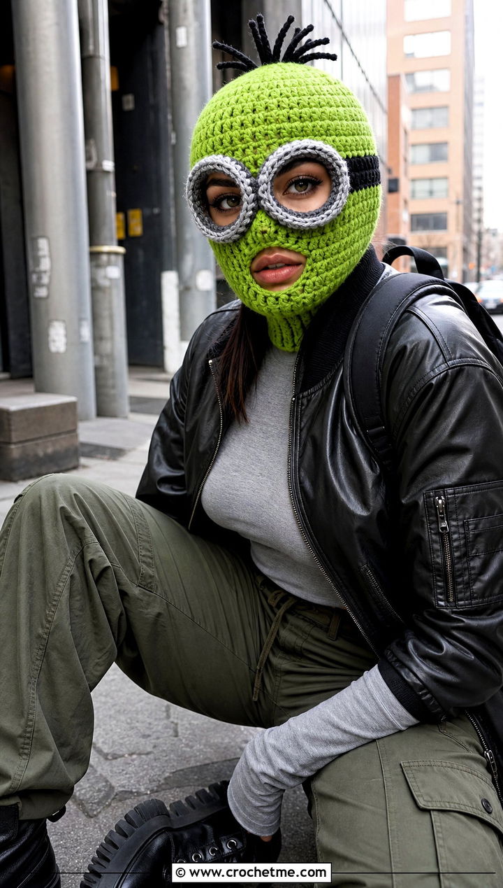 Crochet Minion Balaclava Hat With Leather Bomber - 20 Crochet Minion Hats outfit ideas