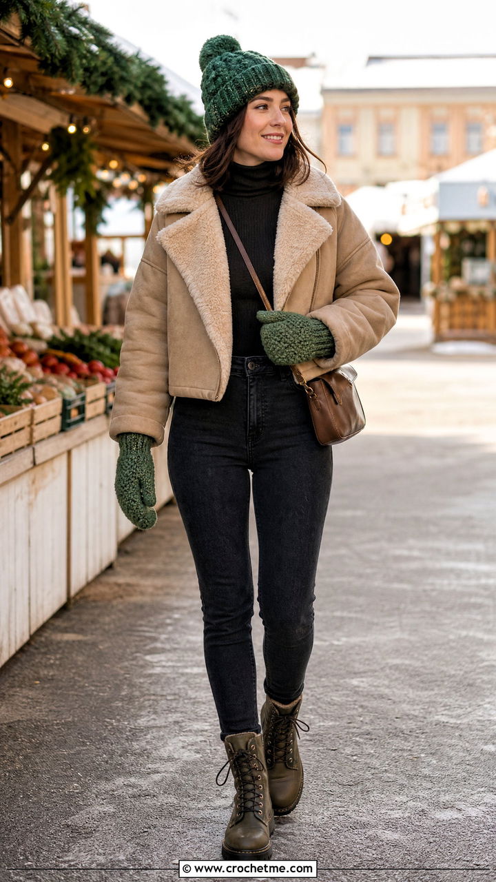 Crochet Mittens With Shearling Jacket - 35 crochet winter clothes and outfit ideas