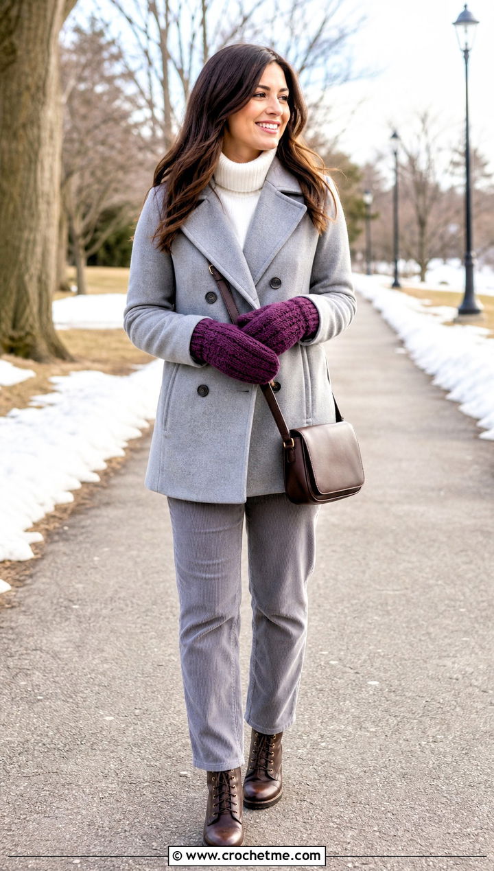 Crochet Mittens With a Peacoat and Corduroy Pants - 35 Crochet Winter Outfits ideas