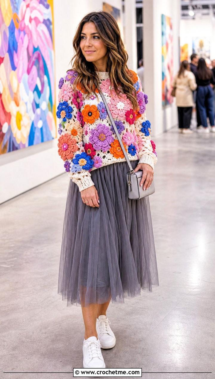 Crochet Mixed Flower Sweater With Tulle Skirt And Sneakers - 30 crochet flowers on sweater outfit ideas