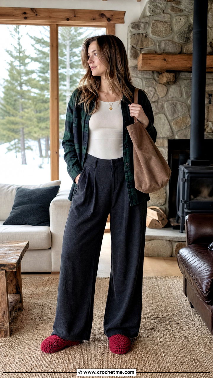 Crochet Moccasin Slippers With A Flannel Shirt - 35 crochet slipper outfit ideas