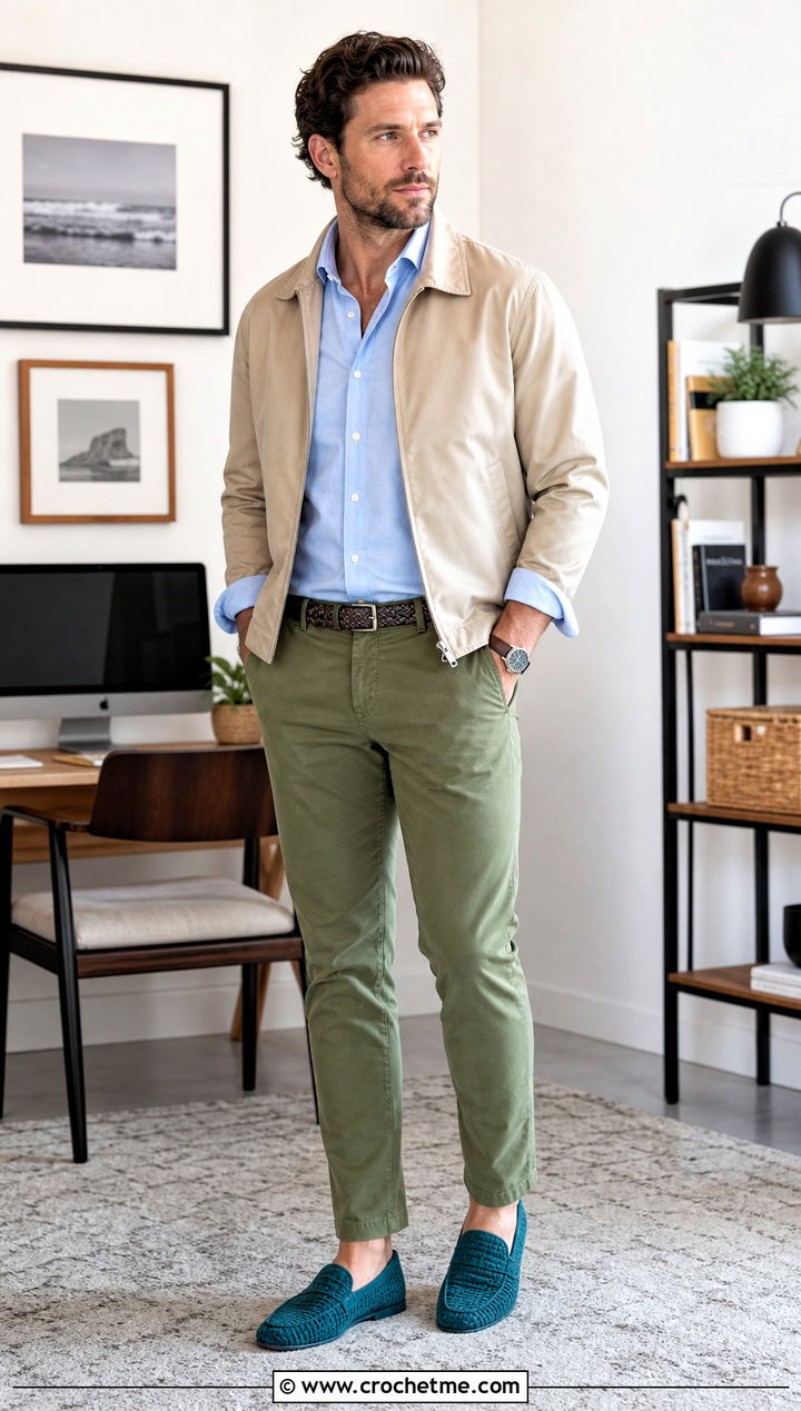 Crochet Moccasin Slippers With Chinos and Oxford Shirt - 35 mens crochet slippers outfit ideas