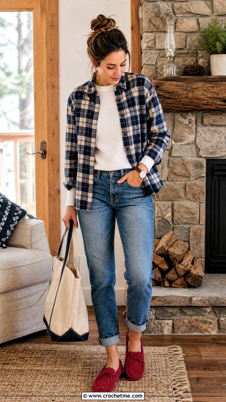 Crochet Moccasin Slippers With Flannel And Jeans - 35 crochet slippers outfit ideas