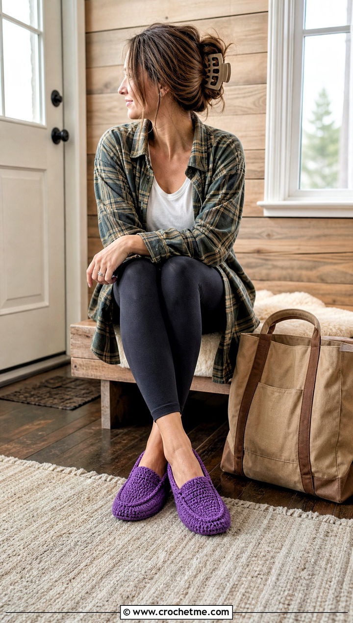 Crochet Moccasin Slippers With Flannel Shirt And Leggings - 15 cottage crochet slippers outfit ideas