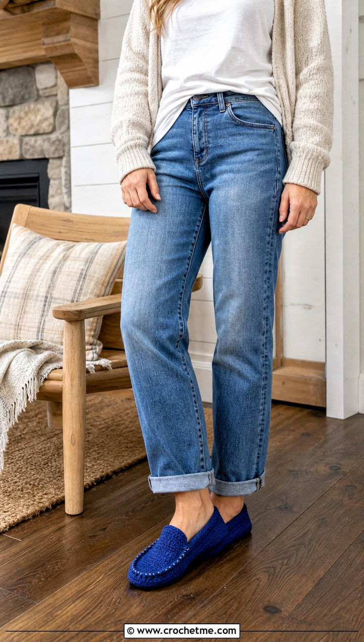 Crochet Moccasin Slippers With Jeans And Cardigan - 25 Quick Crochet Slippers outfit ideas