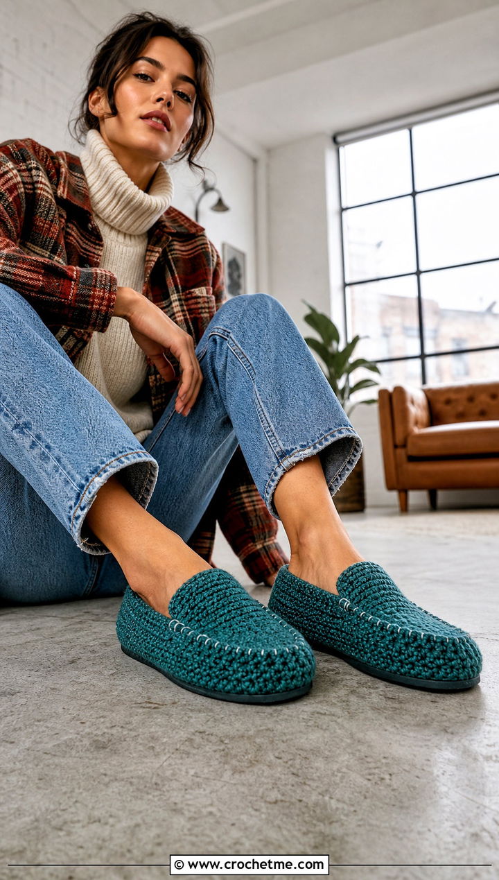 Crochet Moccasin Slippers With Straight Leg Jeans - 25 crochet winter slippers outfit ideas
