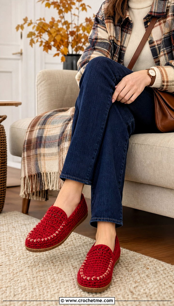 Crochet Moccasin Slippers With Straight Leg Jeans - 35 easy crochet slippers outfit ideas