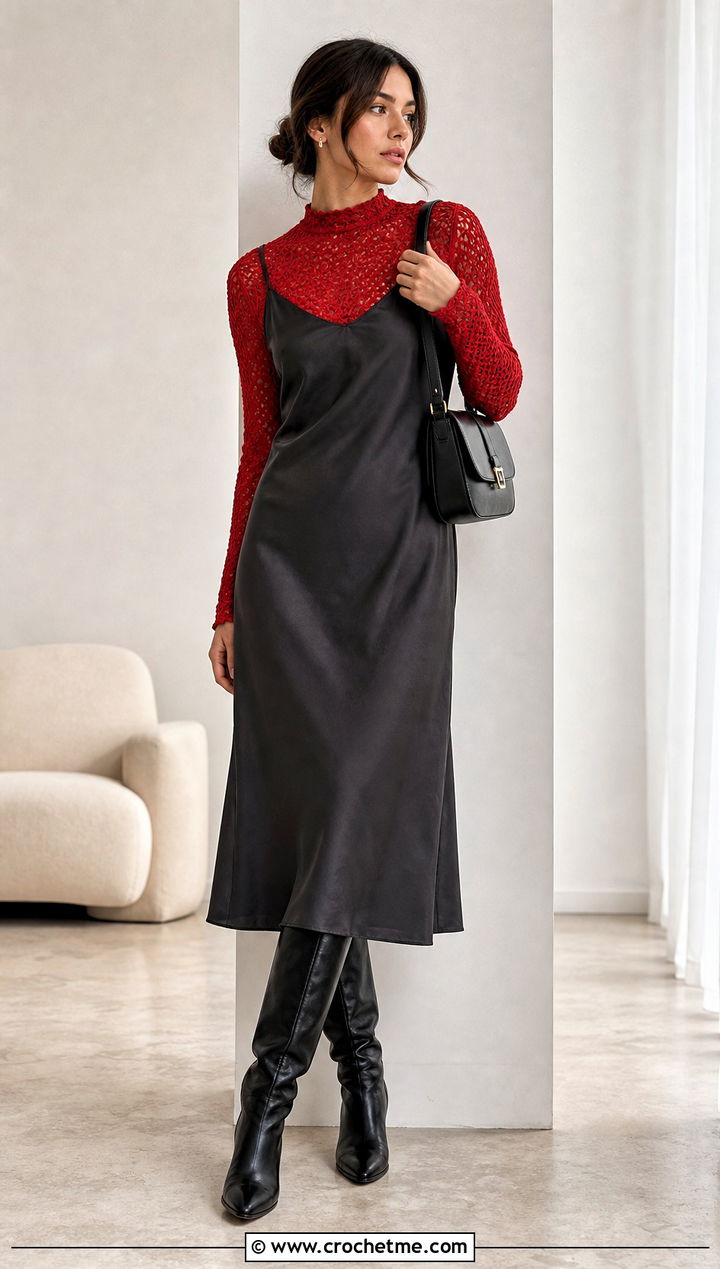 Crochet Mock Collar Top Under A Slip Dress - 20 Crochet Top With Collar outfit ideas