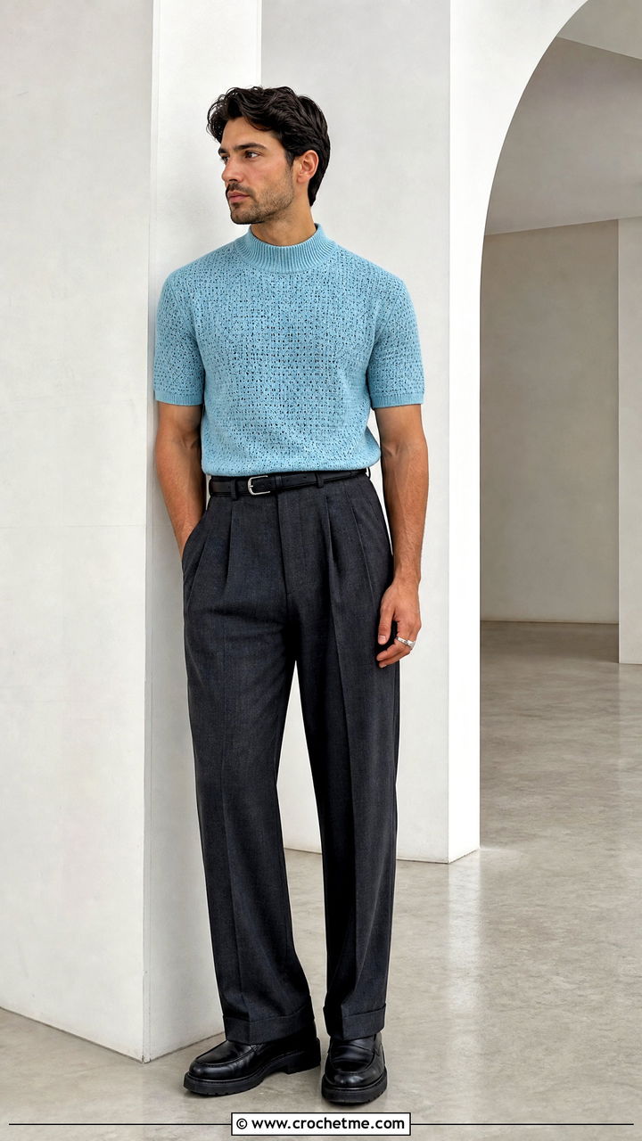 Crochet Mock Neck Shirt With Pleated Pants - 35 crochet mens shirt outfit ideas