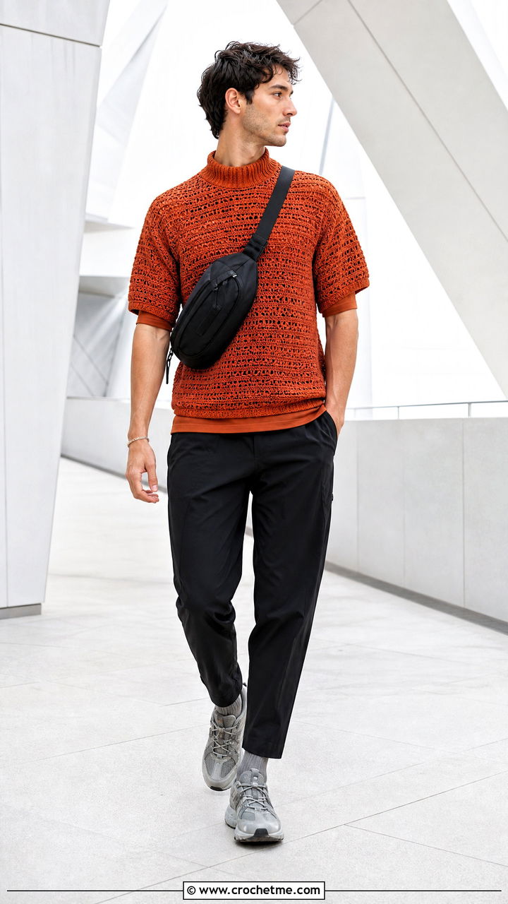 Crochet Mock Neck Shirt With Tech Pants - 35 crochet shirt men outfit ideas