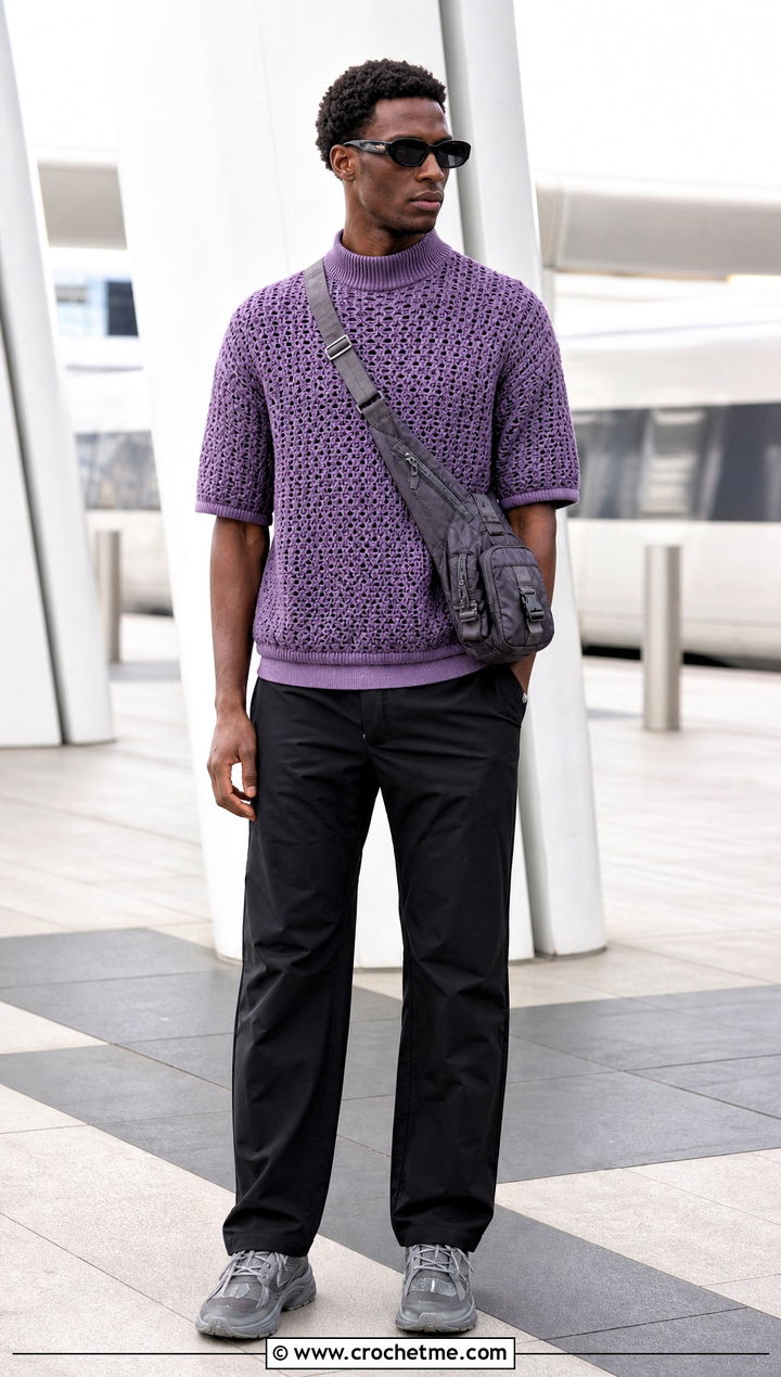 Crochet Mock Neck Shirt With Technical Pants - 35 men's crochet shirt outfit ideas
