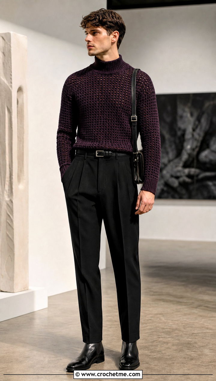 Crochet Mock Neck Sweater With Pleated Black Pants - 30 Easy Crochet Mens Sweater outfit ideas