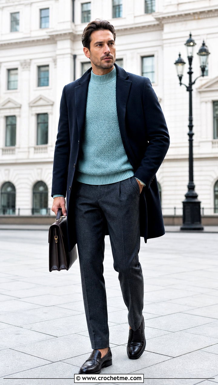 Crochet Mock Neck Sweater With Wool Trousers - 15 Crochet Mens Sweaters outfit ideas