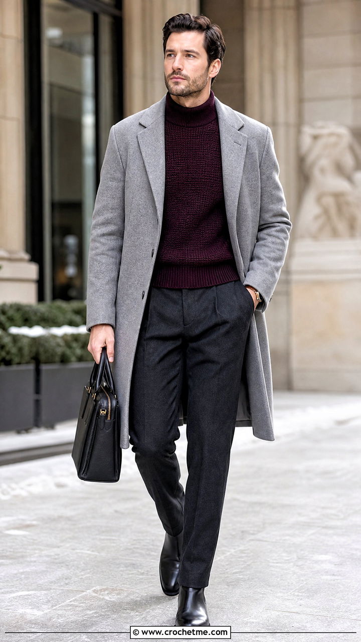 Crochet Mock Neck Sweater With Wool Trousers - 35 crochet clothes for men outfit ideas