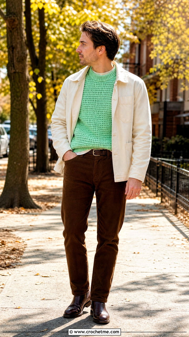 Crochet Mock Neck Top With Corduroy Pants - 35 crochet top men outfit ideas