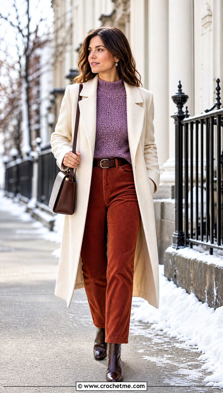 Crochet Mock Neck Top With Corduroy Pants - 30 winter crochet clothes ideas