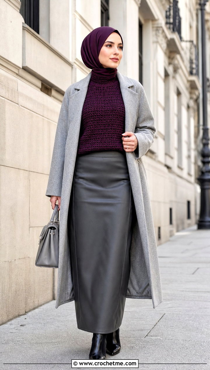 Crochet Mock Neck Top With Faux Leather Maxi Skirt - 20 crochet top hijabi outfit ideas