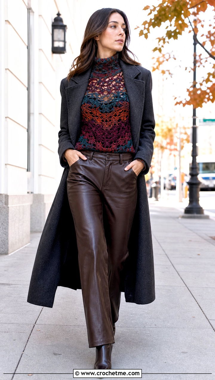 Crochet Mock Neck Top With Leather Trousers - 30 multi color crochet top outfit ideas