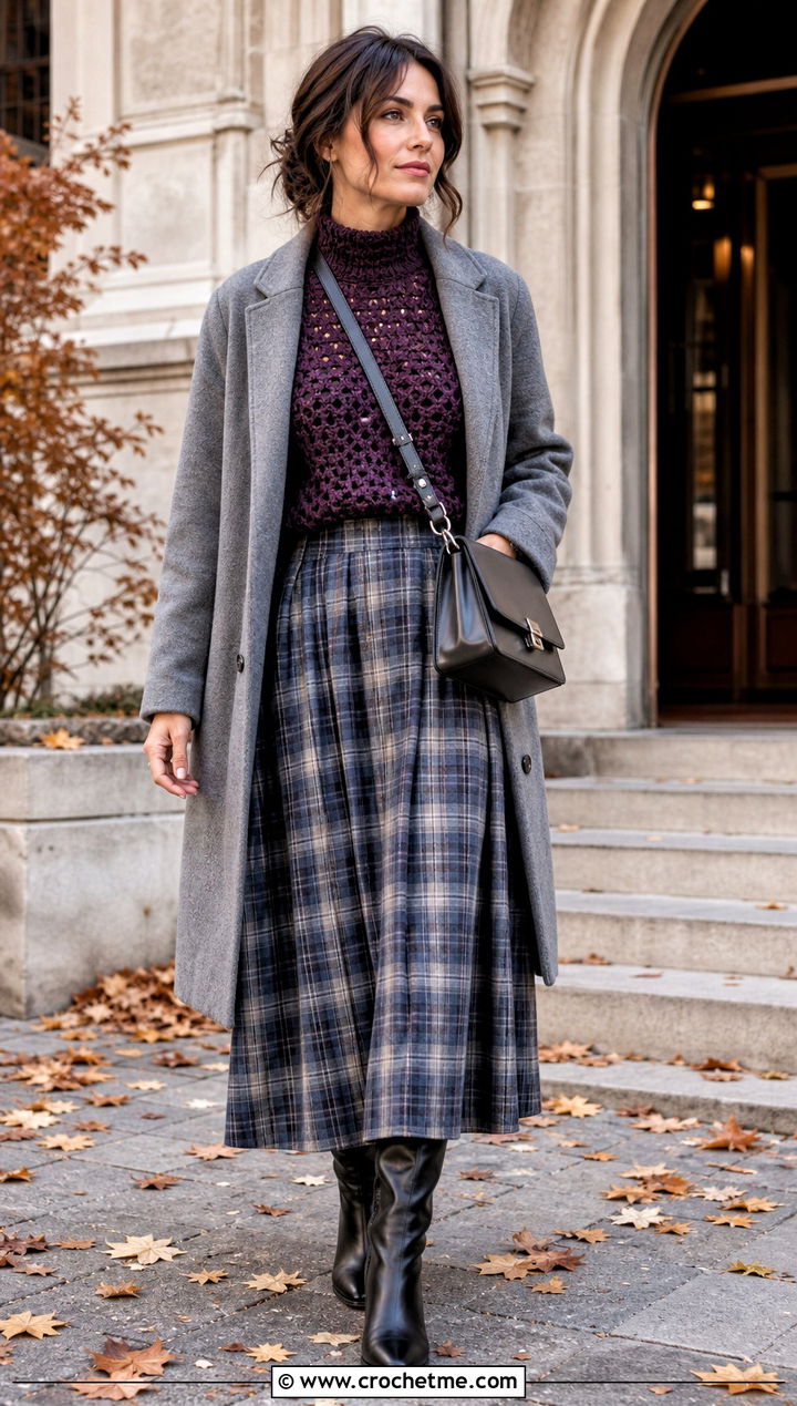 Crochet Mock Neck Top With Plaid Maxi Skirt - 30 crochet top and long skirt outfit ideas