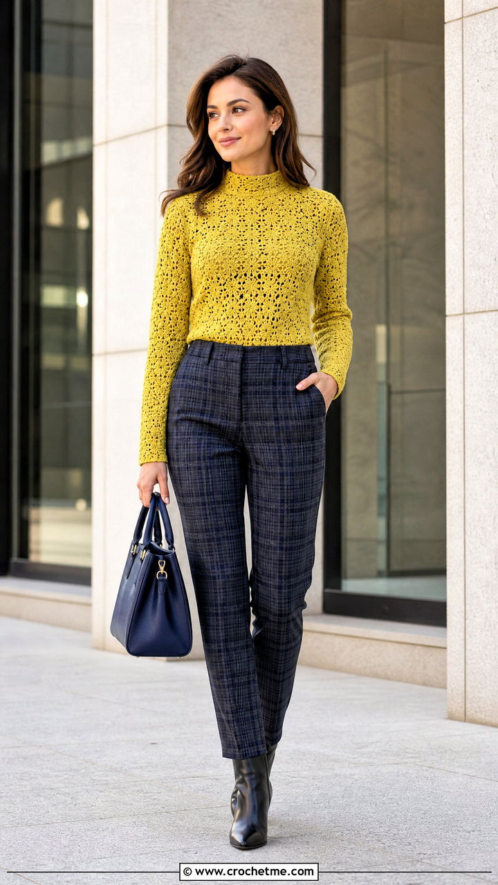 Crochet Mock Neck Top With Plaid Trousers - 35 easy crochet tops outfit ideas