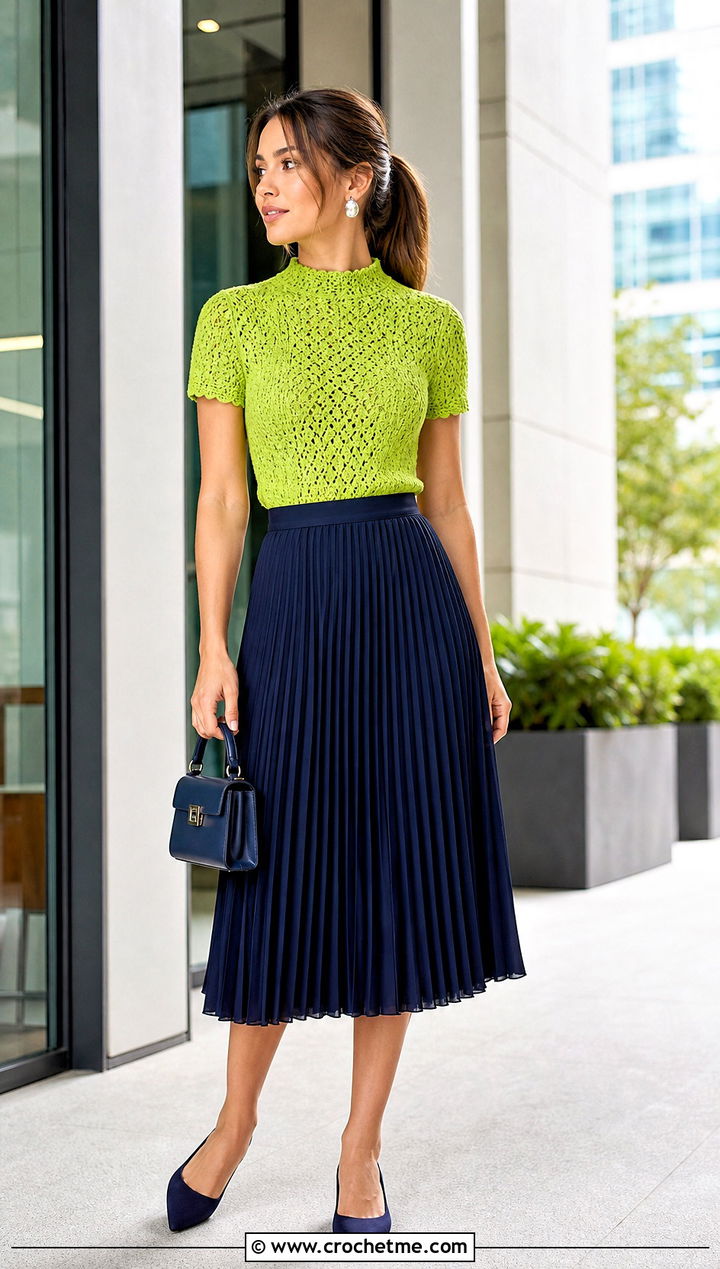 Crochet Mock Neck Top With Pleated Skirt - 35 crochet spring tops outfit ideas