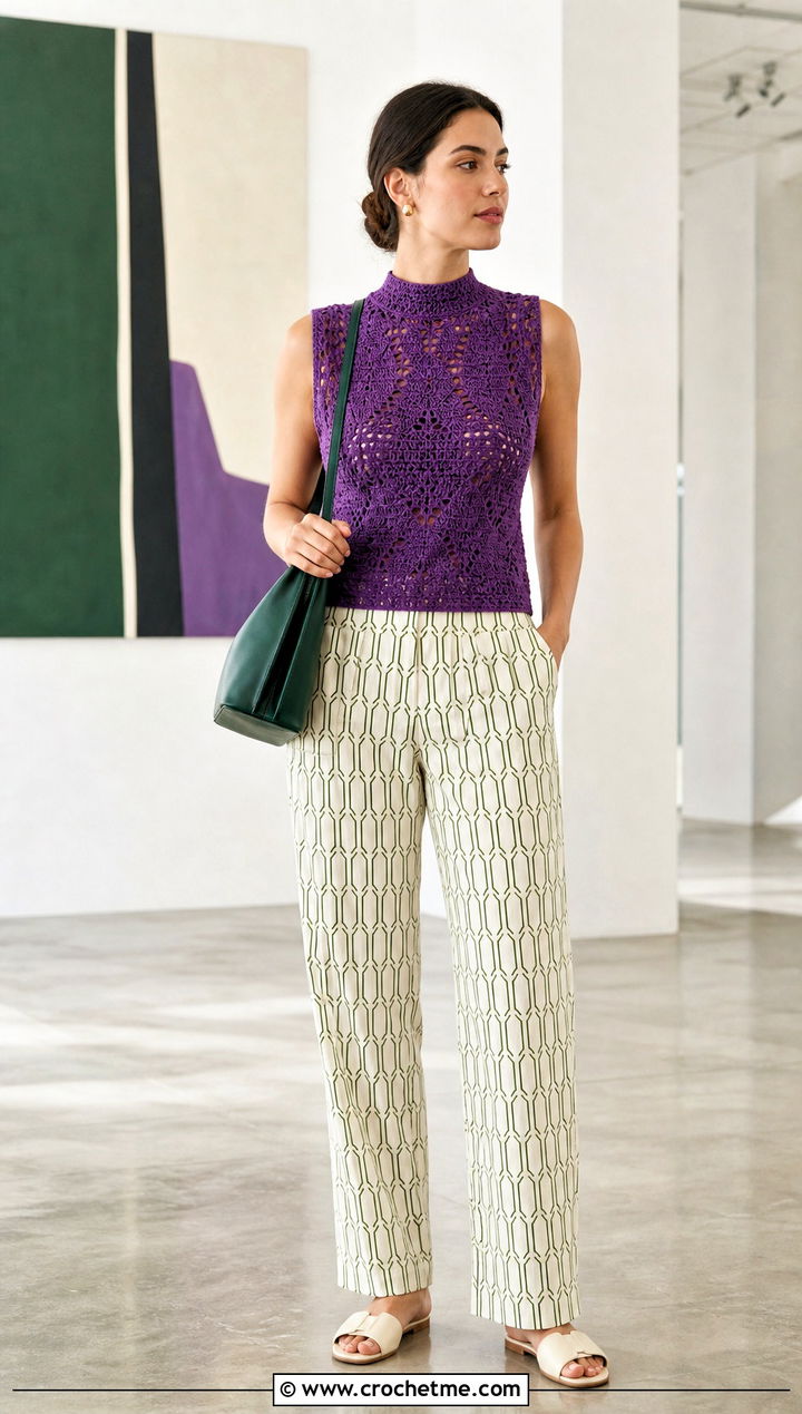 Crochet Mock Neck Top With Printed Trousers - 35 Crocheted Summer Tops outfit ideas