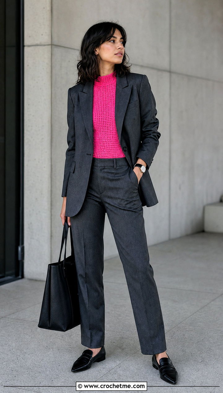 Crochet Mock Neck Top With Tailored Suit - 35 high neck crochet top outfit ideas