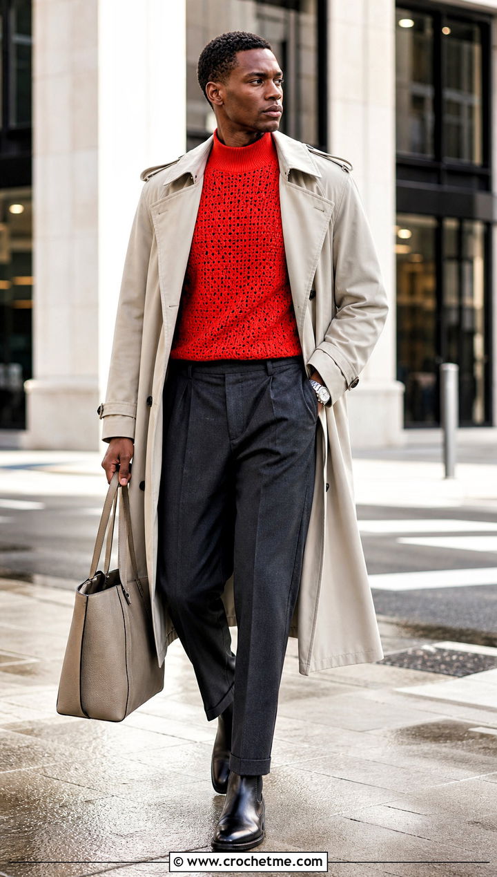 Crochet Mock Neck Top With Trench Coat - 35 Mens Crochet Top outfit ideas