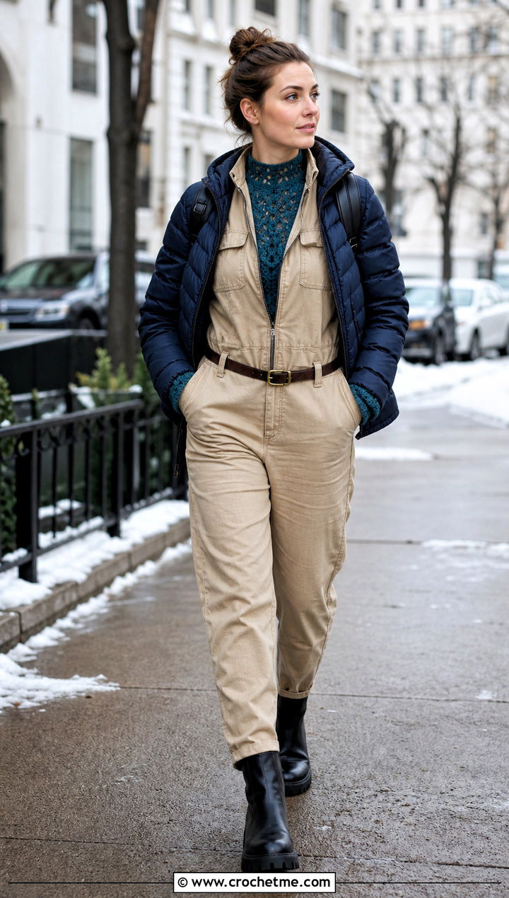Crochet Mock Neck Top With Utility Jumpsuit - 30 crochet clothes for winter outfit ideas