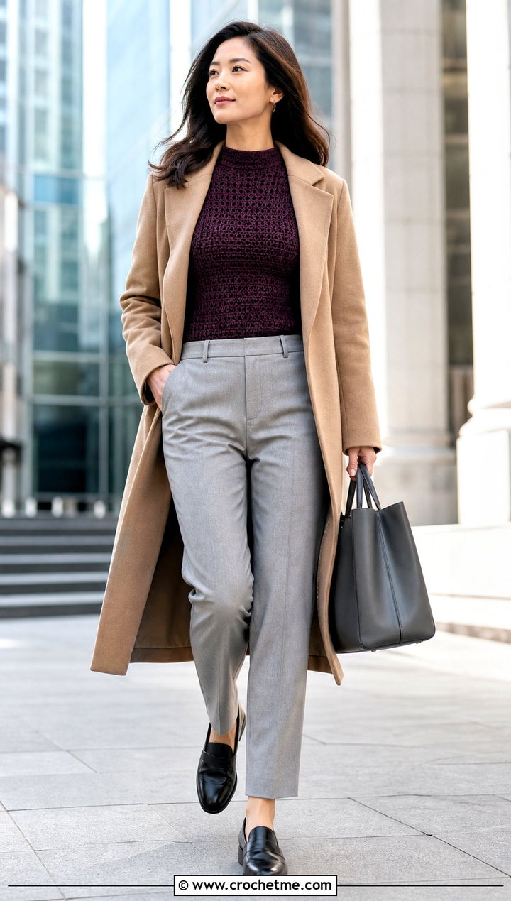 Crochet Mock Neck Top With Wool Trousers - 35 Elegant Crochet Top outfit ideas