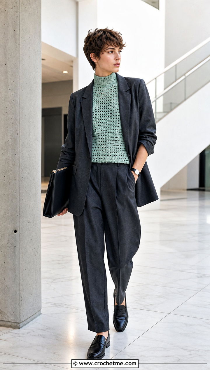 Crochet Mock Neck Vest With Blazer - 30 Masc Crochet Clothes and outfit ideas