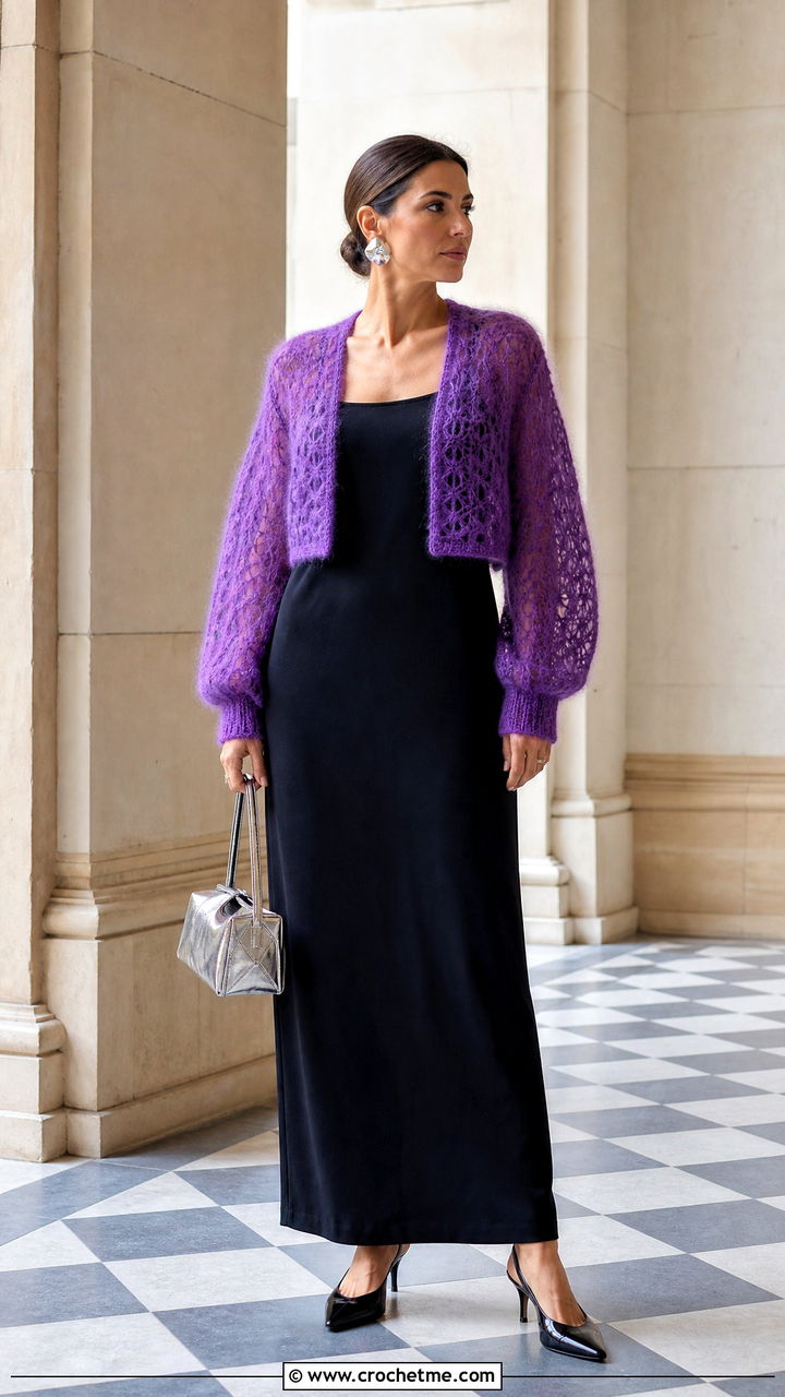 Crochet Mohair Bolero Cardigan With Column Dress - 35 crochet mohair cardigan outfit ideas