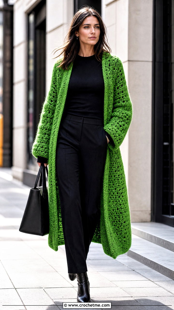 Crochet Mohair Cardigan Coat With Monochrome Basics - 35 crochet mohair cardigan outfit ideas