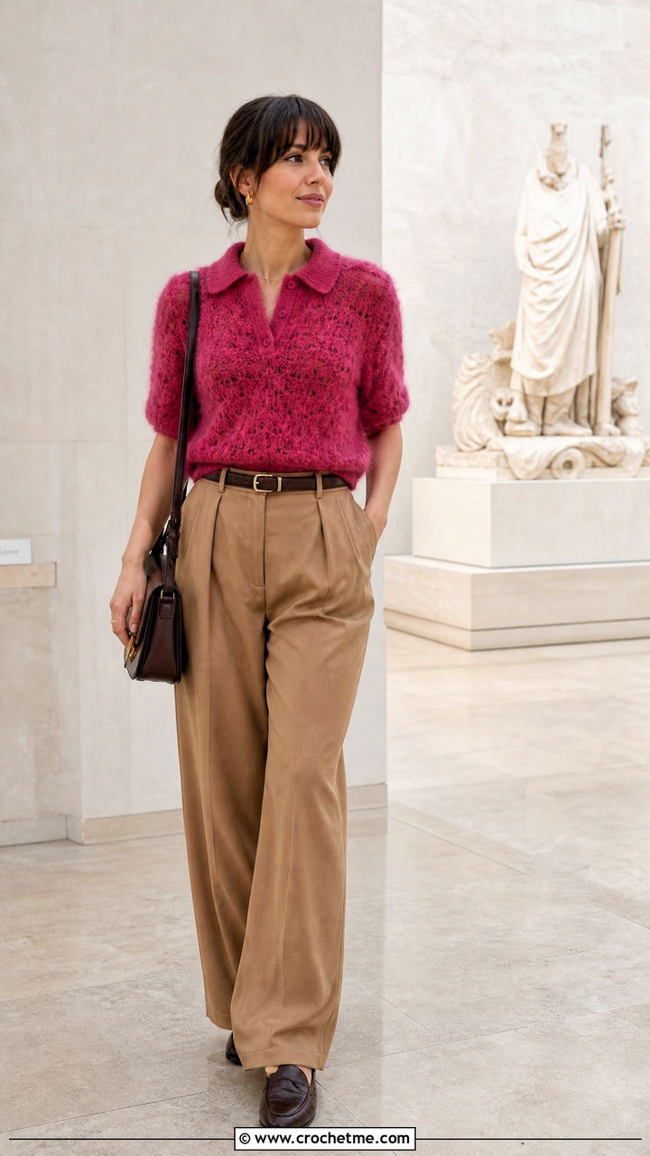 Crochet Mohair Polo Top With Pleated Trousers - 35 crochet mohair top outfit ideas