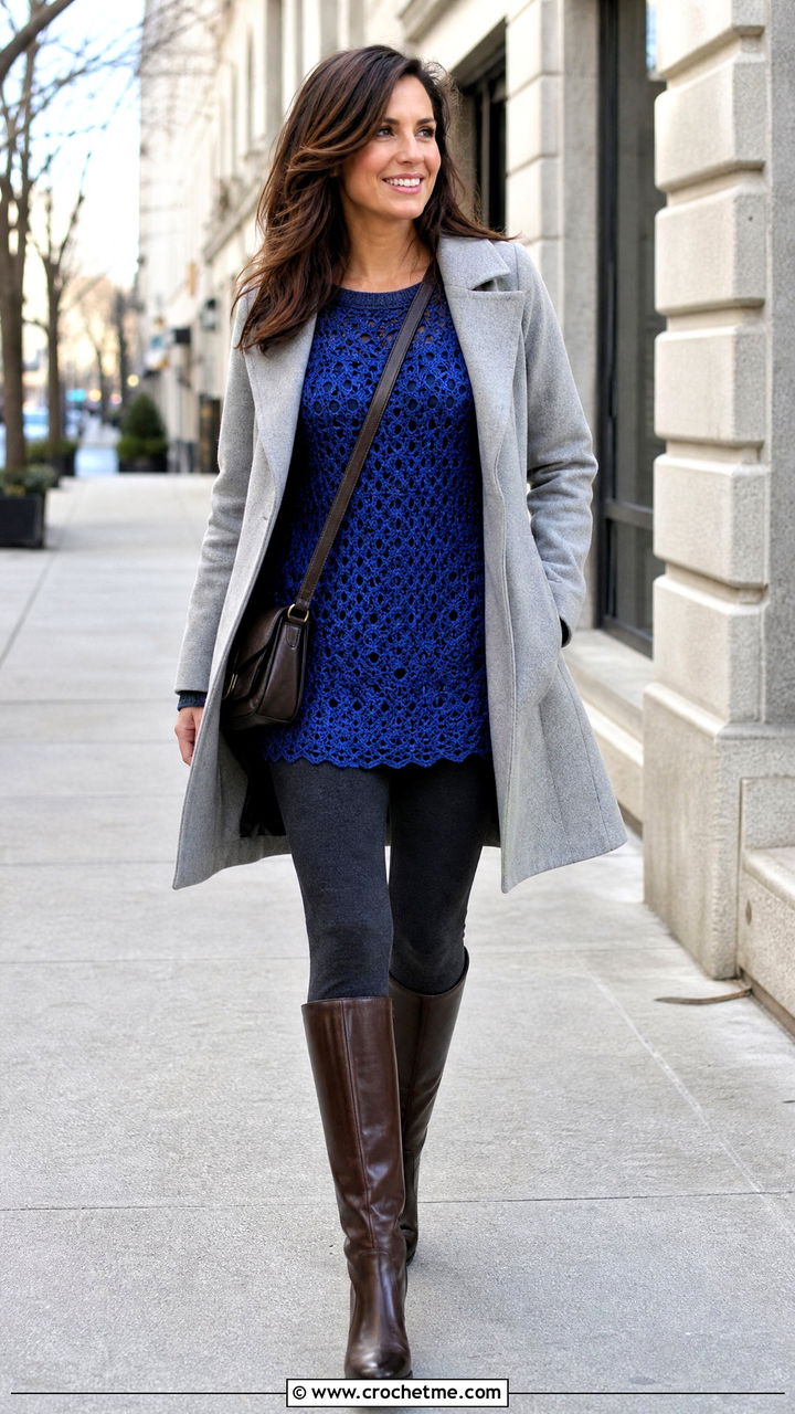 Crochet Mohair Tunic Top With Leggings And Riding Boots - 35 crochet mohair top outfit ideas