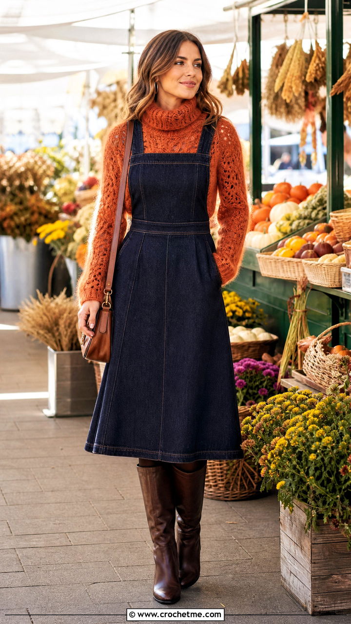 Crochet Mohair Turtleneck Top With Pinafore Dress - 35 crochet mohair top outfit ideas