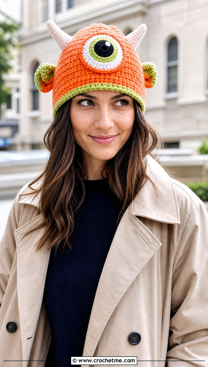 Crochet Monster Eye Hat With Trench Coat - 20 Crochet Character Hat outfit ideas