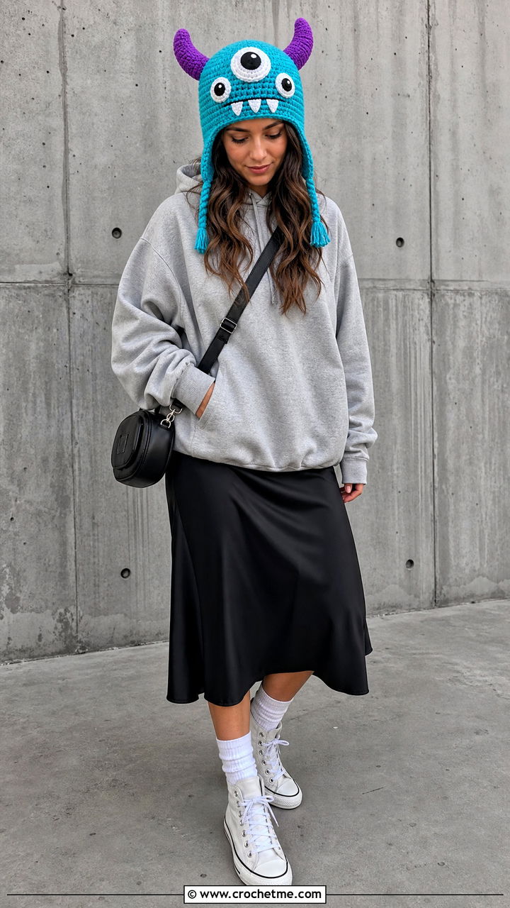 Crochet Monster Hat With Hoodie And Midi Skirt - 35 crochet character hats outfit ideas