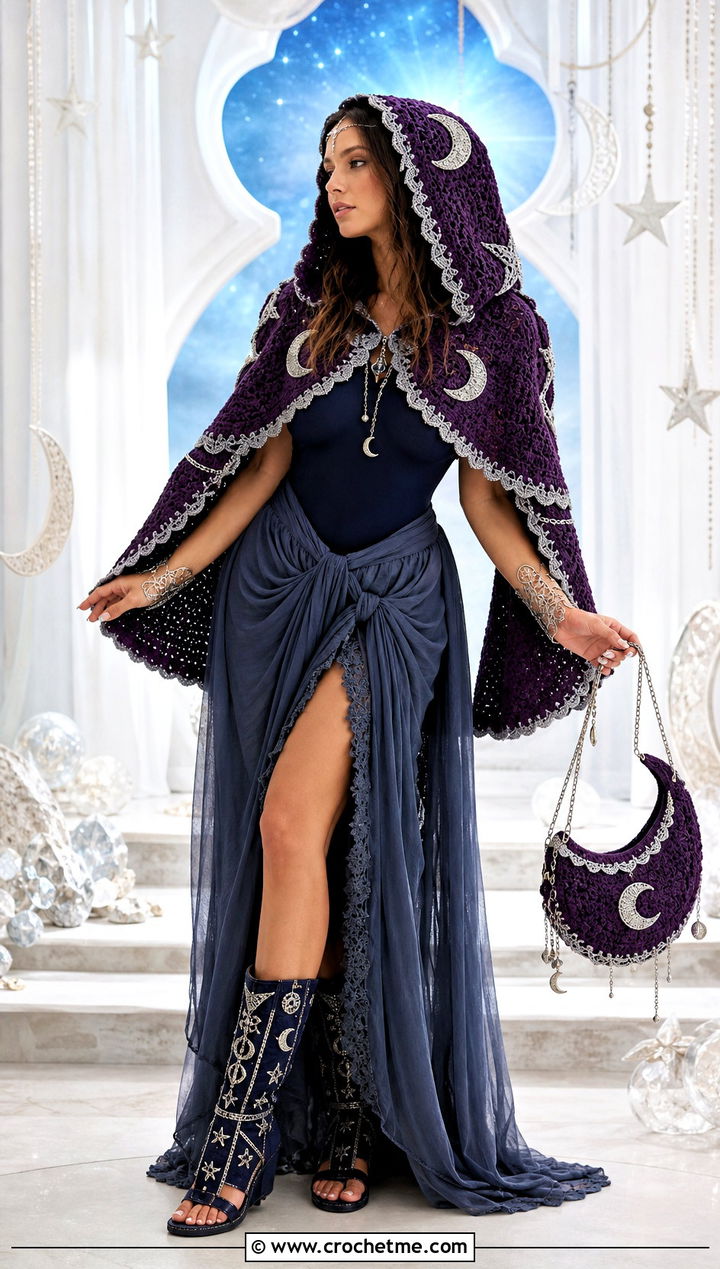 Crochet Moon Goddess Hood With Maxi Skirt - 35 Crochet Halloween Costume Women outfit ideas