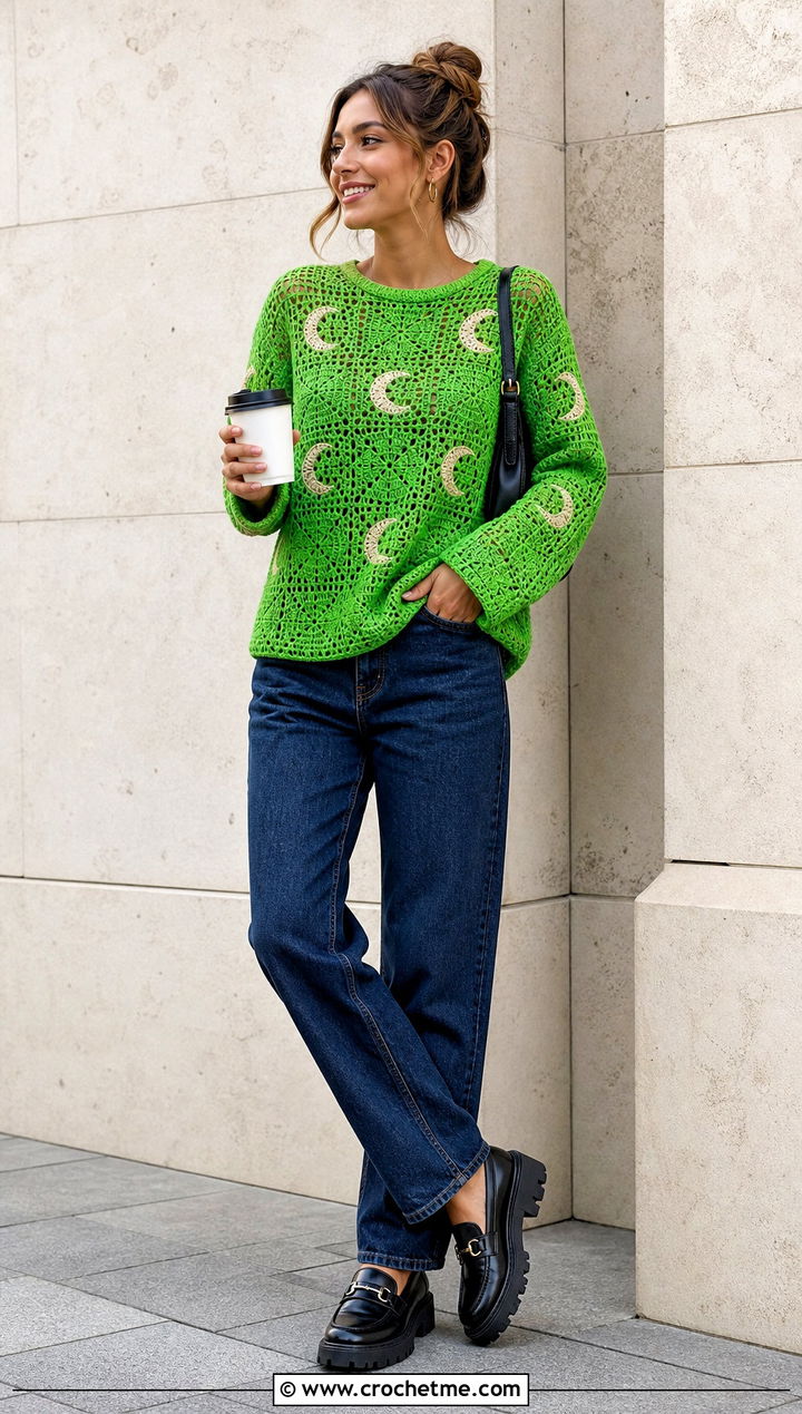 Crochet Moon Motif Sweater With Straight Jeans - 25 crochet witchy clothes and outfit ideas
