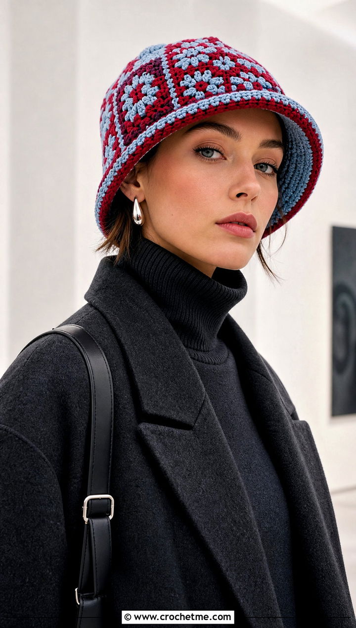 Crochet Mosaic Brimmed Beanie With Monochrome Outfit - 20 Crochet Beanie With Brim outfit ideas