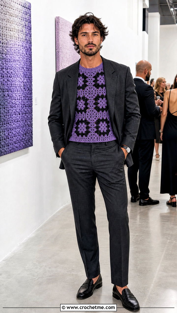 Crochet Mosaic Sweater With A Relaxed Suit - 30 Easy Crochet Mens Sweater outfit ideas