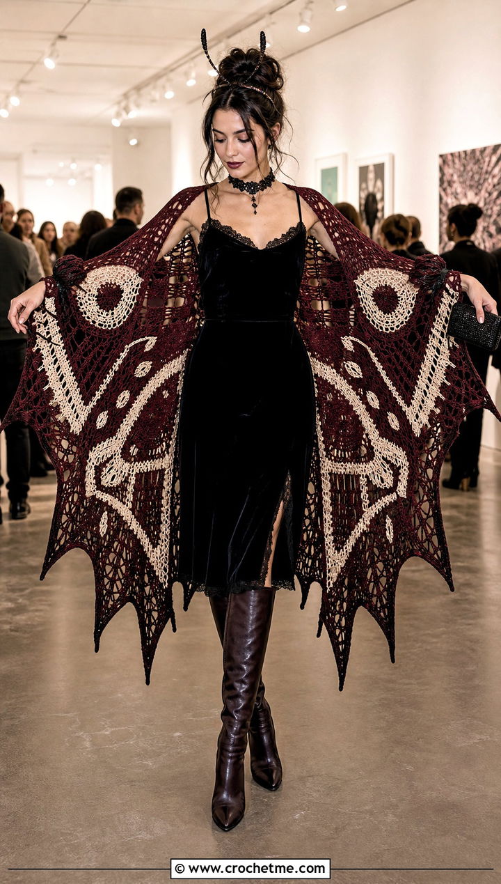 Crochet Moth Wing Shawl With Velvet Dress - 35 Crochet Halloween Costume Women outfit ideas