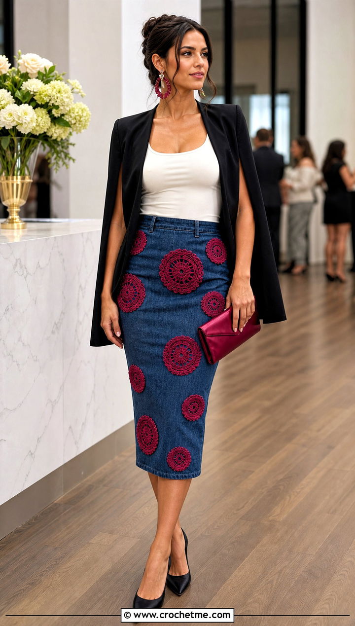 Crochet Motif Denim Pencil Skirt With Cape Blazer - 30 denim crochet skirt outfit ideas