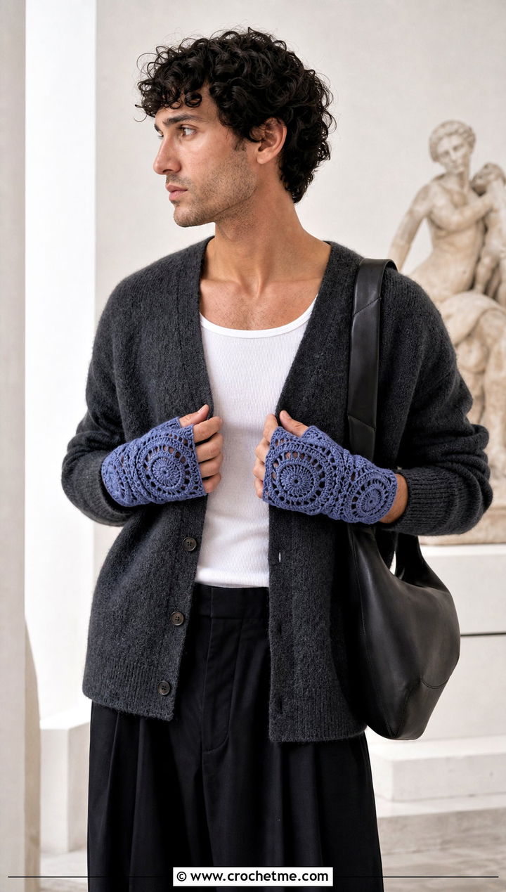 Crochet Motif Fingerless Gloves With Wide Leg Trousers - 25 men's crochet gloves outfit ideas