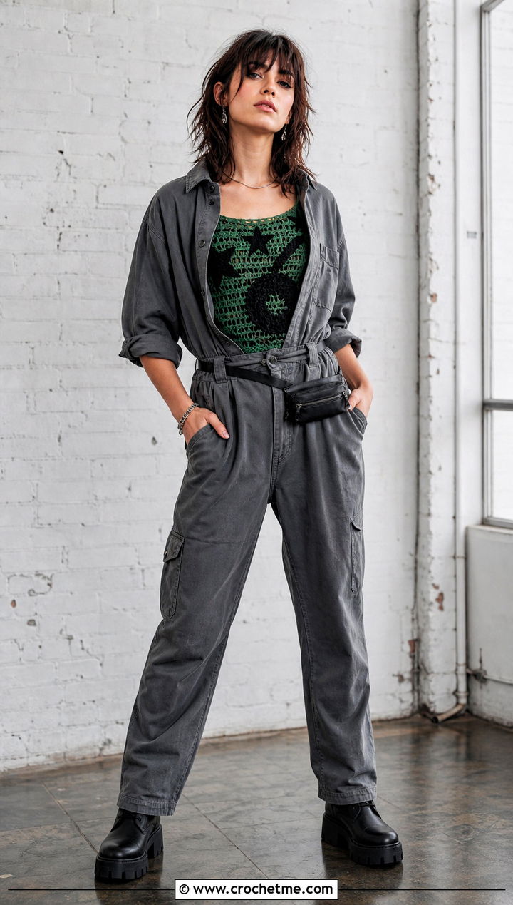 Crochet Motif Grunge Top With Utility Jumpsuit - 30 crochet grunge top outfit ideas